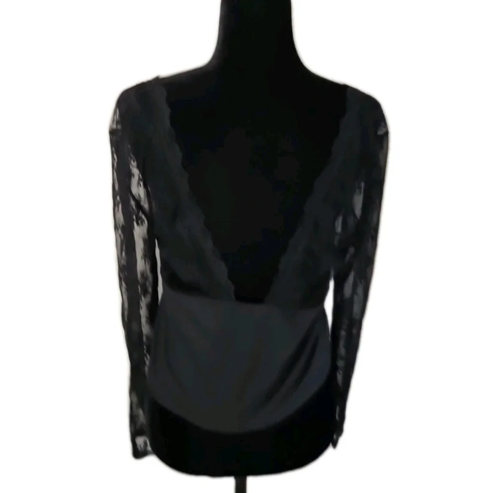Free People Womens Black Cropped Long Sleeve Laced Of The Shoulder Top L